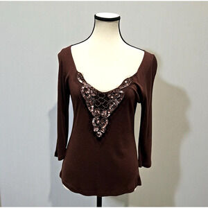 Y2K Brown V-Neck Ribbed 3/4 Sleeve Lace Fairy Goth Evening Women's Size XL